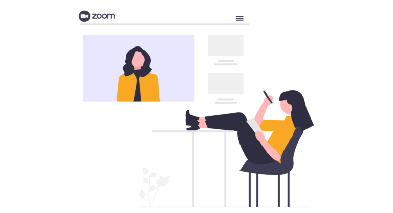 kurs norweskiego online w domu dziewczyna siedzi na krześle i bierze udział w kursie na Zoom